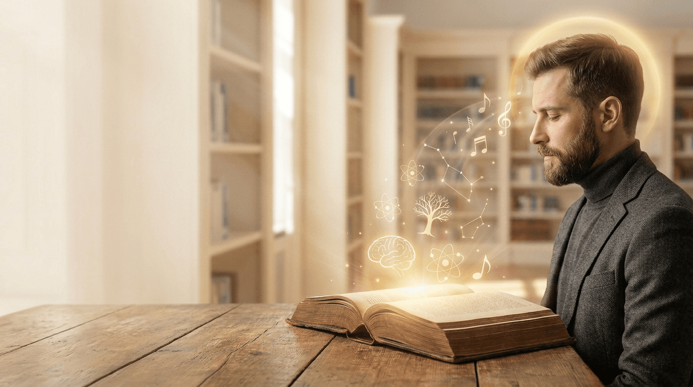 Homem recebendo o conhecimento que emerge de um livro aberto